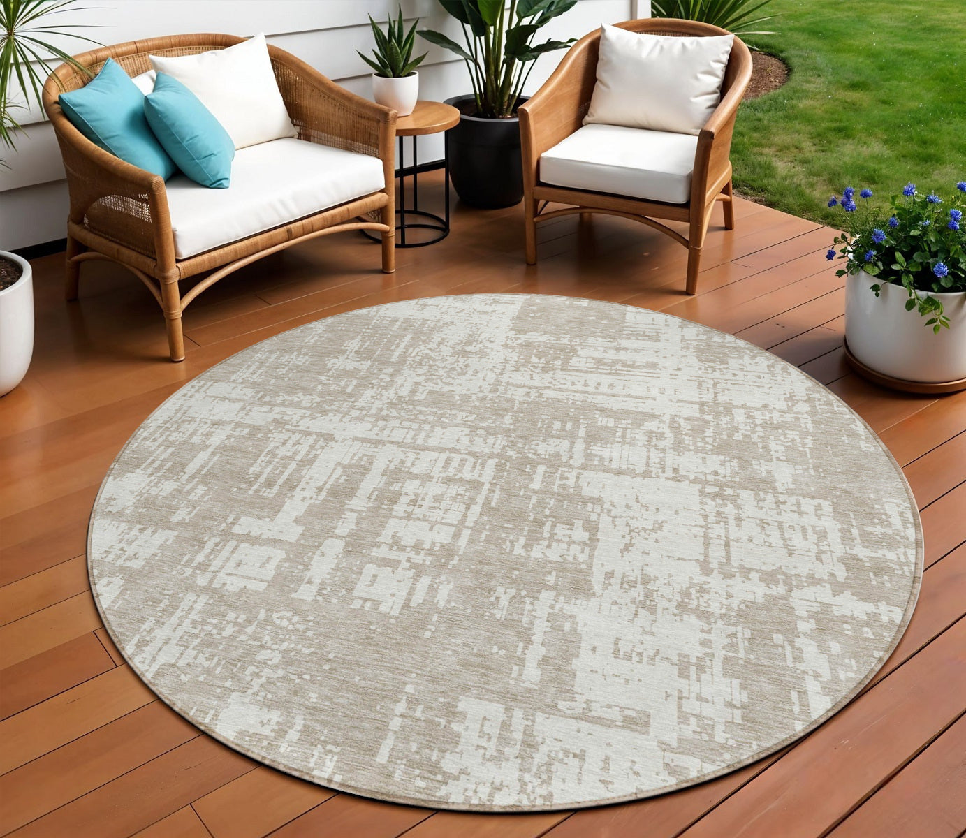 Tabselect Home Line 8' Taupe And Ivory Round Abstract Washable Indoor Outdoor Area Rug