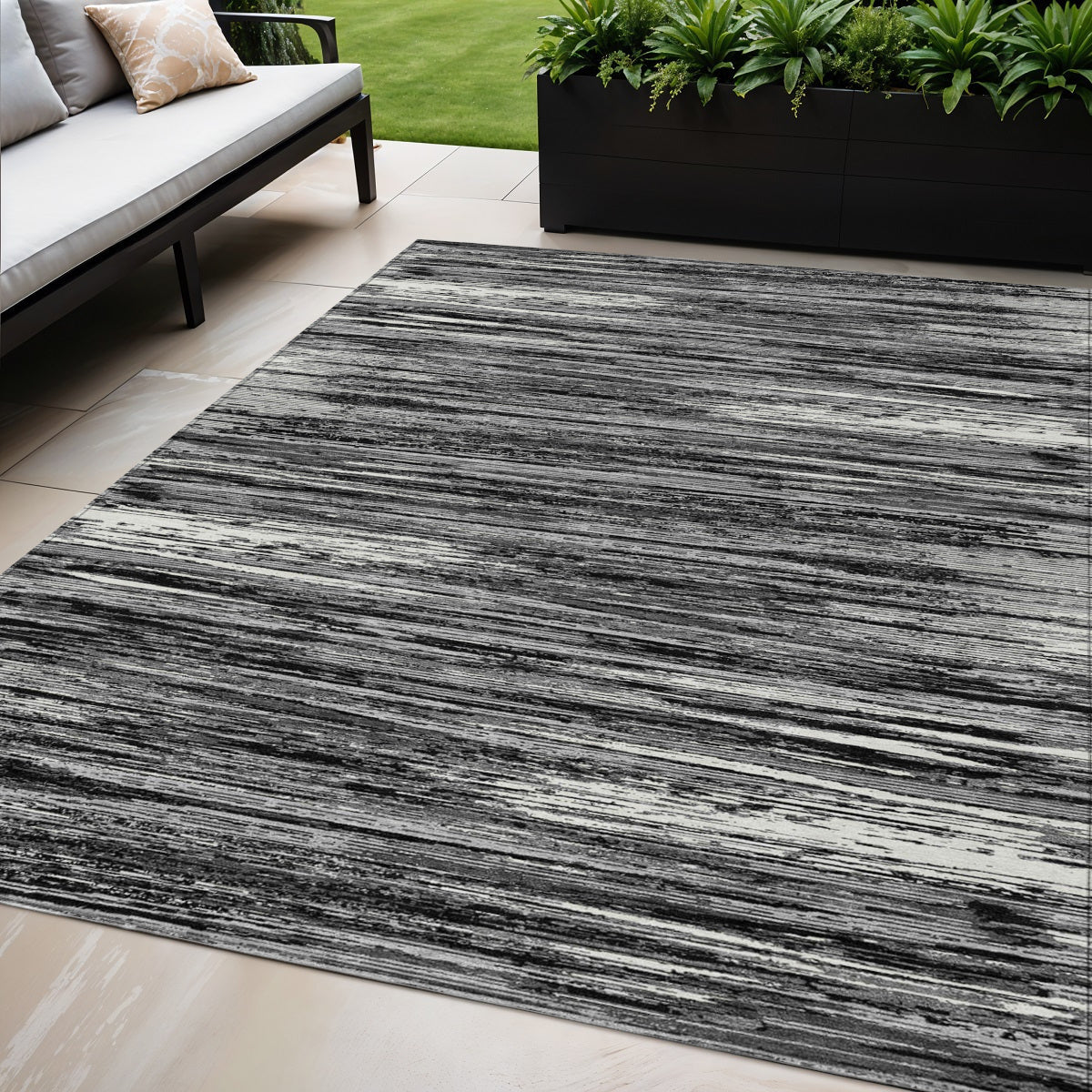 Tabselect Home Line 5' X 8' Black And Ivory Striped Washable Indoor Outdoor Area Rug