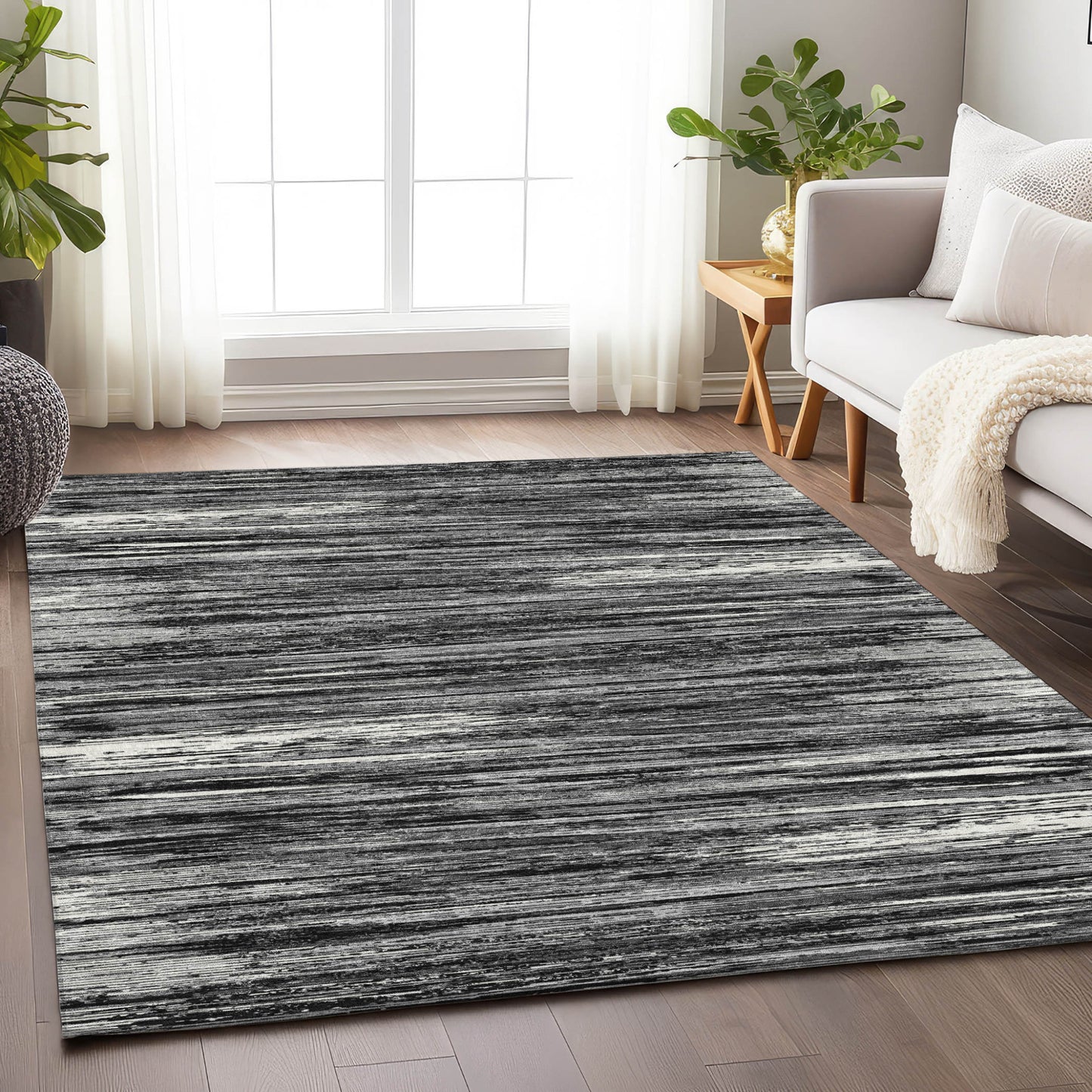 Tabselect Home Line 5' X 8' Black And Ivory Striped Washable Indoor Outdoor Area Rug