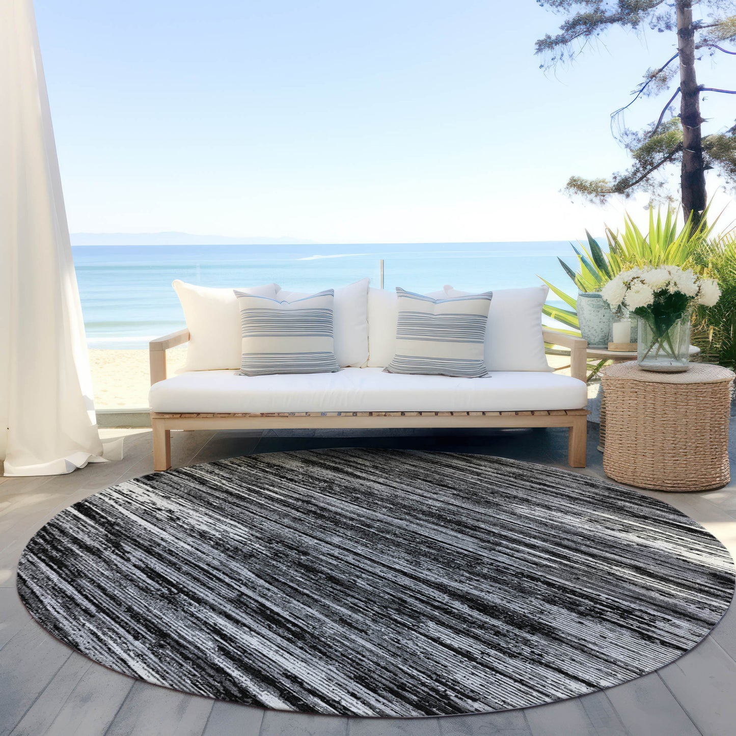 Tabselect Home Line 8' Black And Ivory Round Striped Washable Indoor Outdoor Area Rug