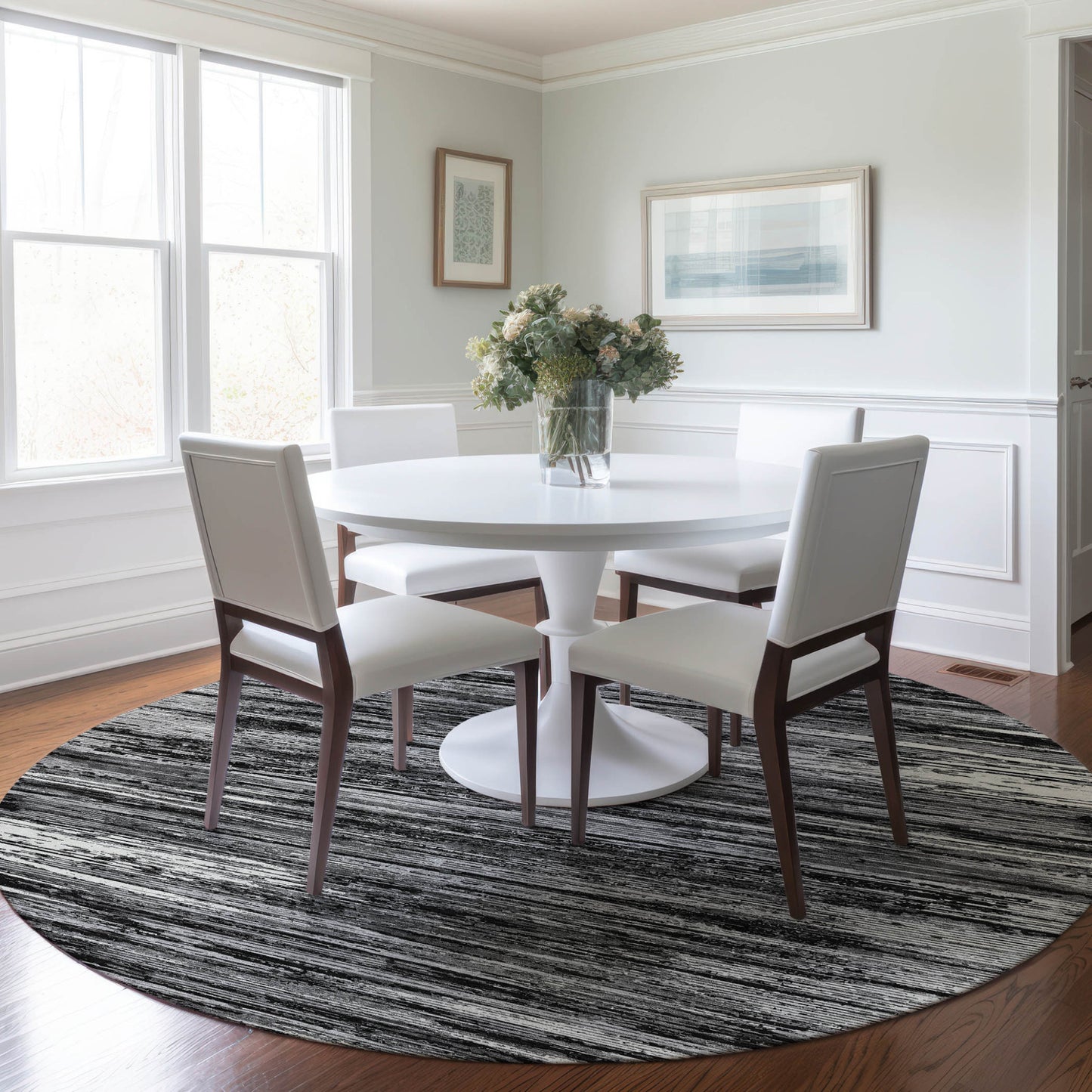 Tabselect Home Line 8' Black And Ivory Round Striped Washable Indoor Outdoor Area Rug