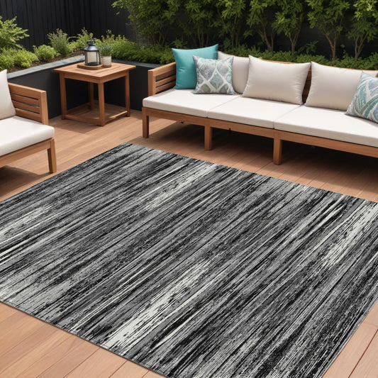 Tabselect Home Line 8' X 10' Black And Ivory Striped Washable Indoor Outdoor Area Rug