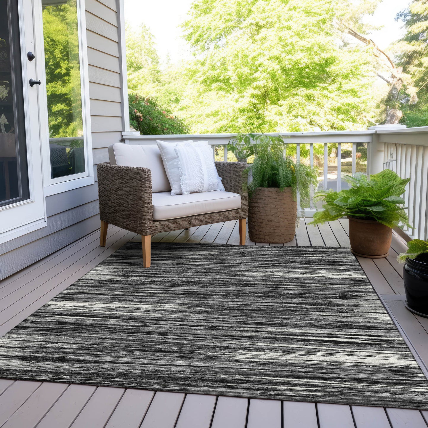 Tabselect Home Line 8' X 10' Black And Ivory Striped Washable Indoor Outdoor Area Rug