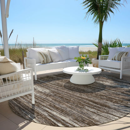 Tabselect Home Line 8' Brown And Ivory Round Striped Washable Indoor Outdoor Area Rug