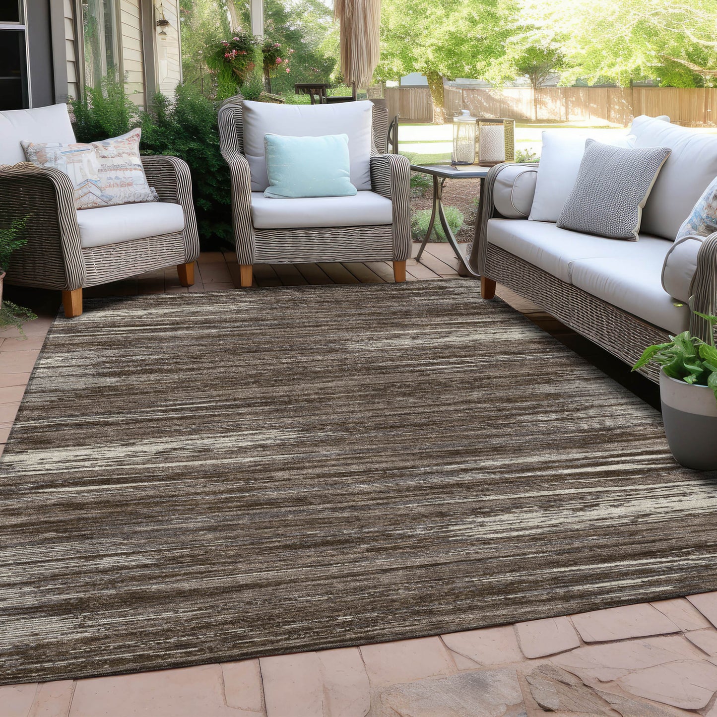 Tabselect Home Line 8' X 10' Brown And Ivory Striped Washable Indoor Outdoor Area Rug