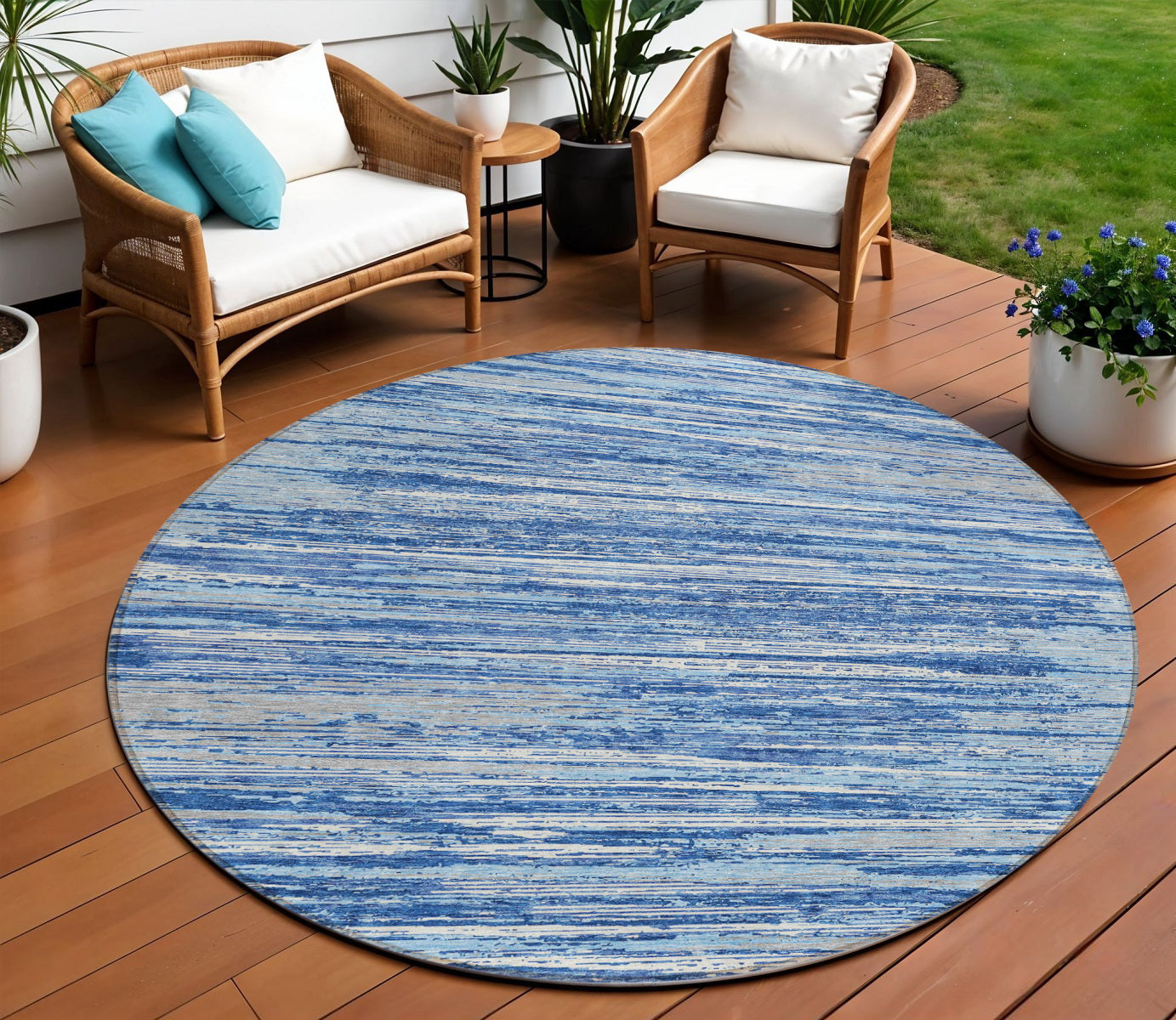 Tabselect Home Line 8' Blue Gray And Ivory Round Striped Washable Indoor Outdoor Area Rug