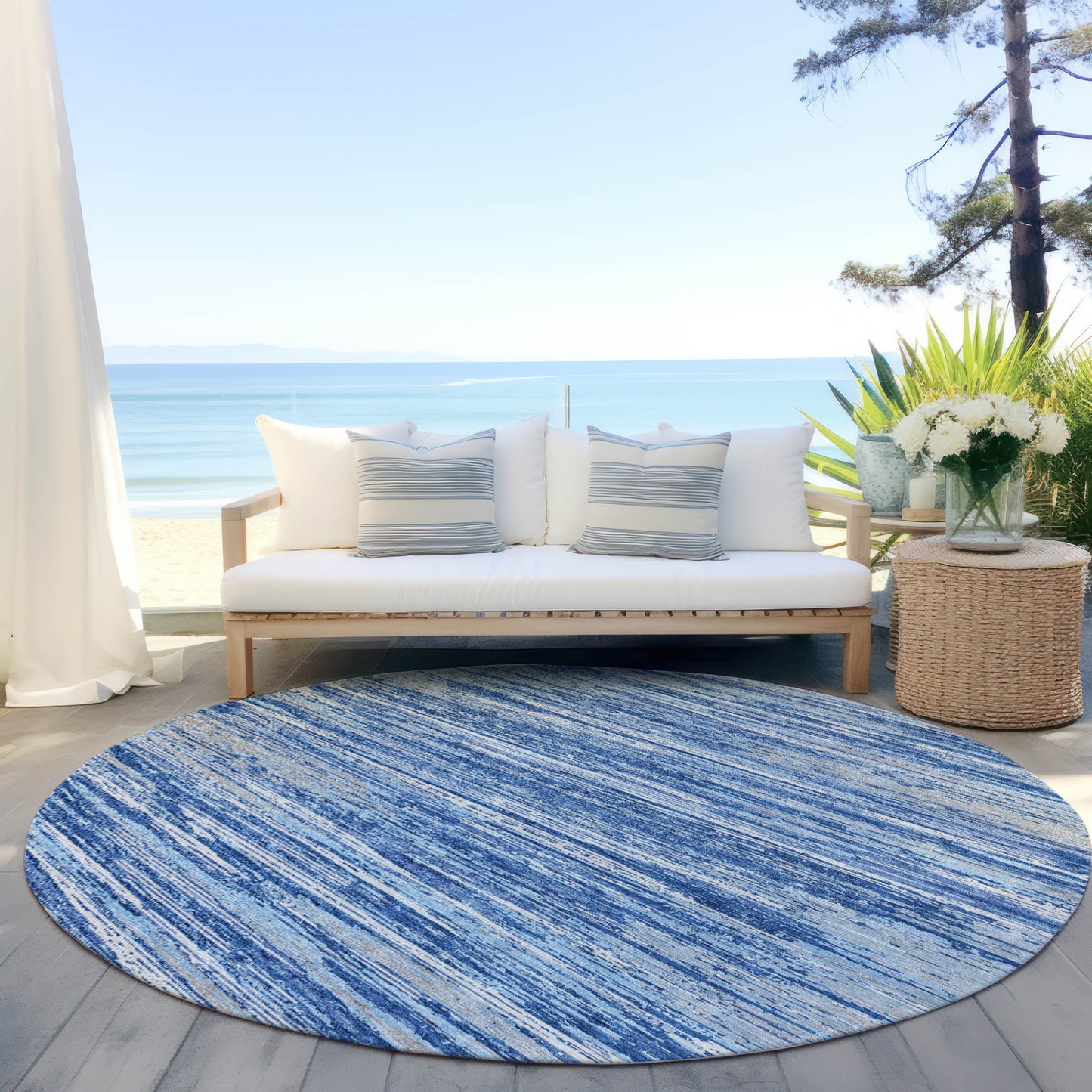 Tabselect Home Line 8' Blue Gray And Ivory Round Striped Washable Indoor Outdoor Area Rug
