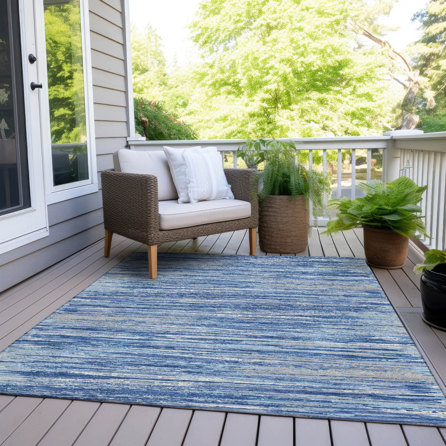 Tabselect Home Line 8' X 10' Blue Gray And Ivory Striped Washable Indoor Outdoor Area Rug