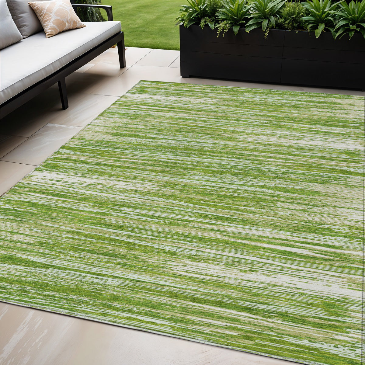 Tabselect Home Line 5' X 8' Green And Ivory Striped Washable Indoor Outdoor Area Rug