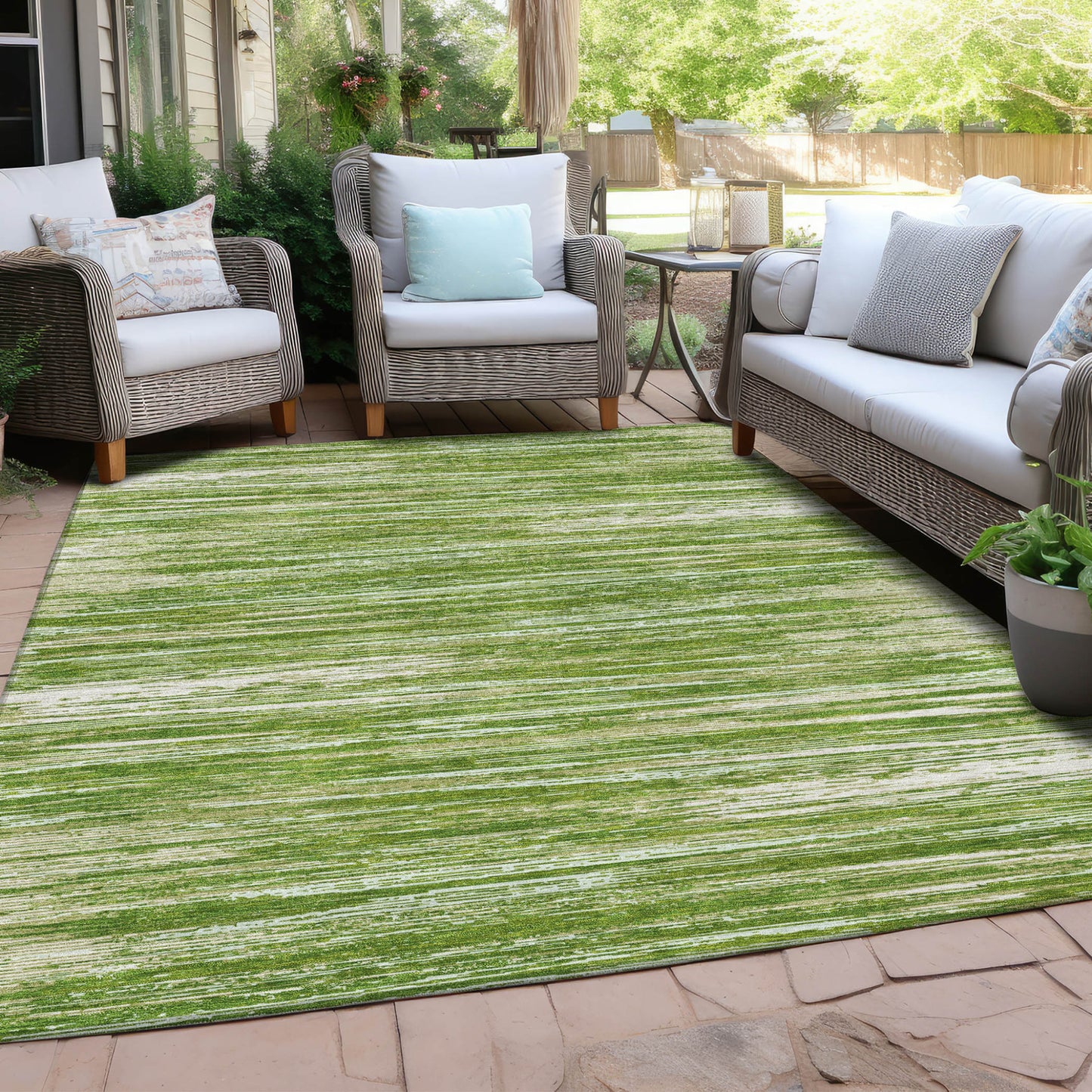 Tabselect Home Line 5' X 8' Green And Ivory Striped Washable Indoor Outdoor Area Rug