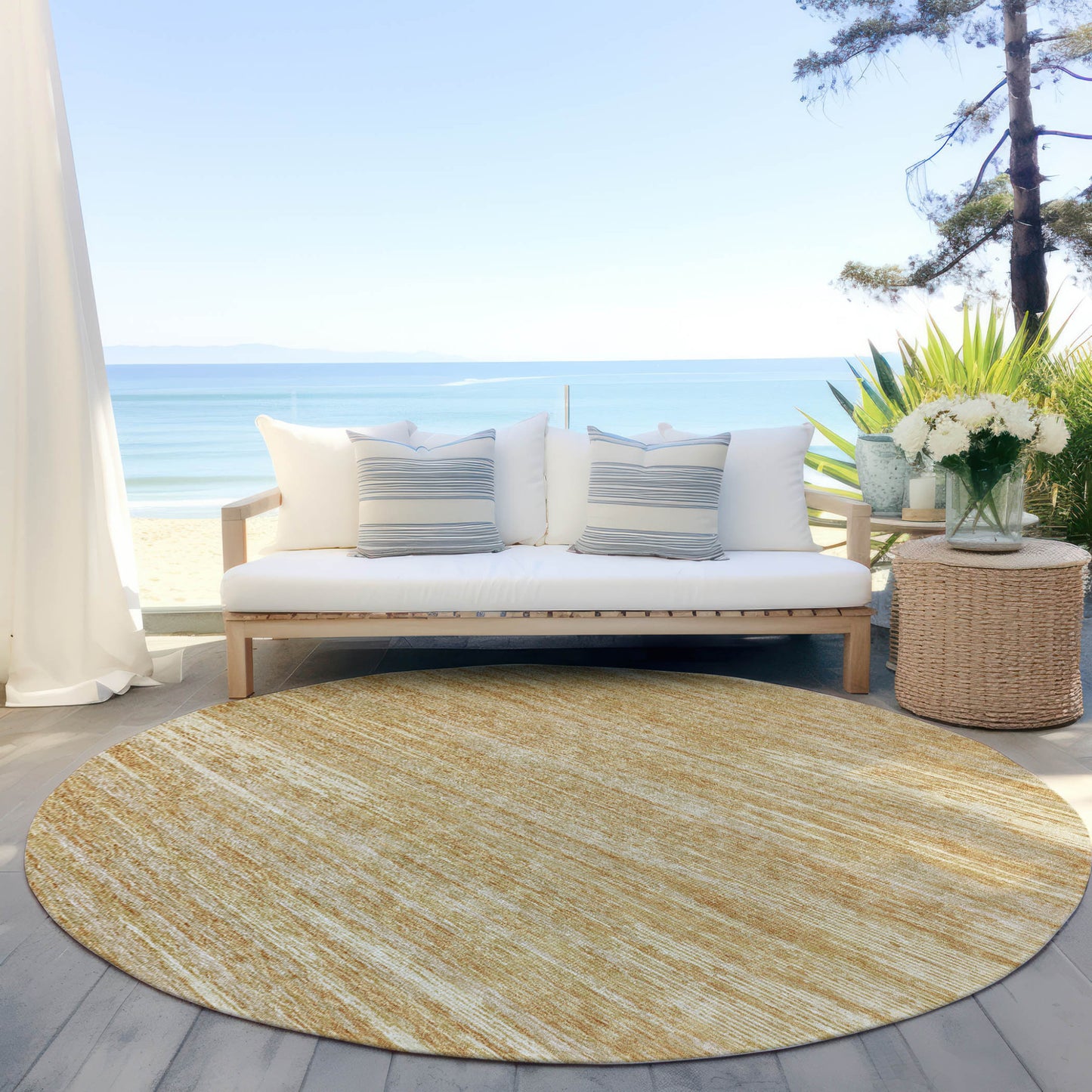 Tabselect Home Line 8' Gold Gray And Ivory Round Striped Washable Indoor Outdoor Area Rug