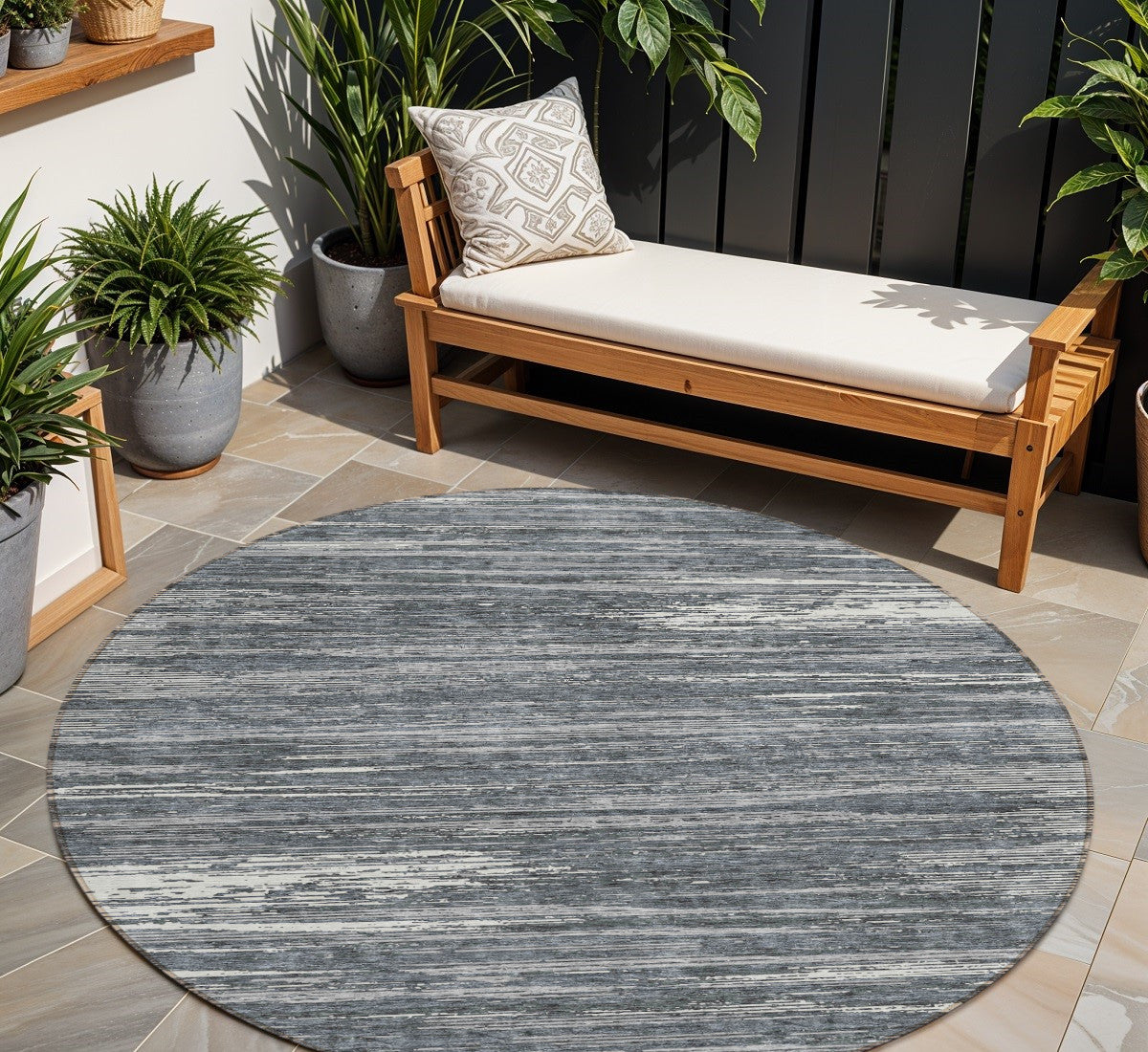 Tabselect Home Line 8' Gray And Ivory Round Striped Washable Indoor Outdoor Area Rug