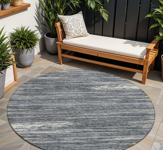 Tabselect Home Line 8' Gray And Ivory Round Striped Washable Indoor Outdoor Area Rug