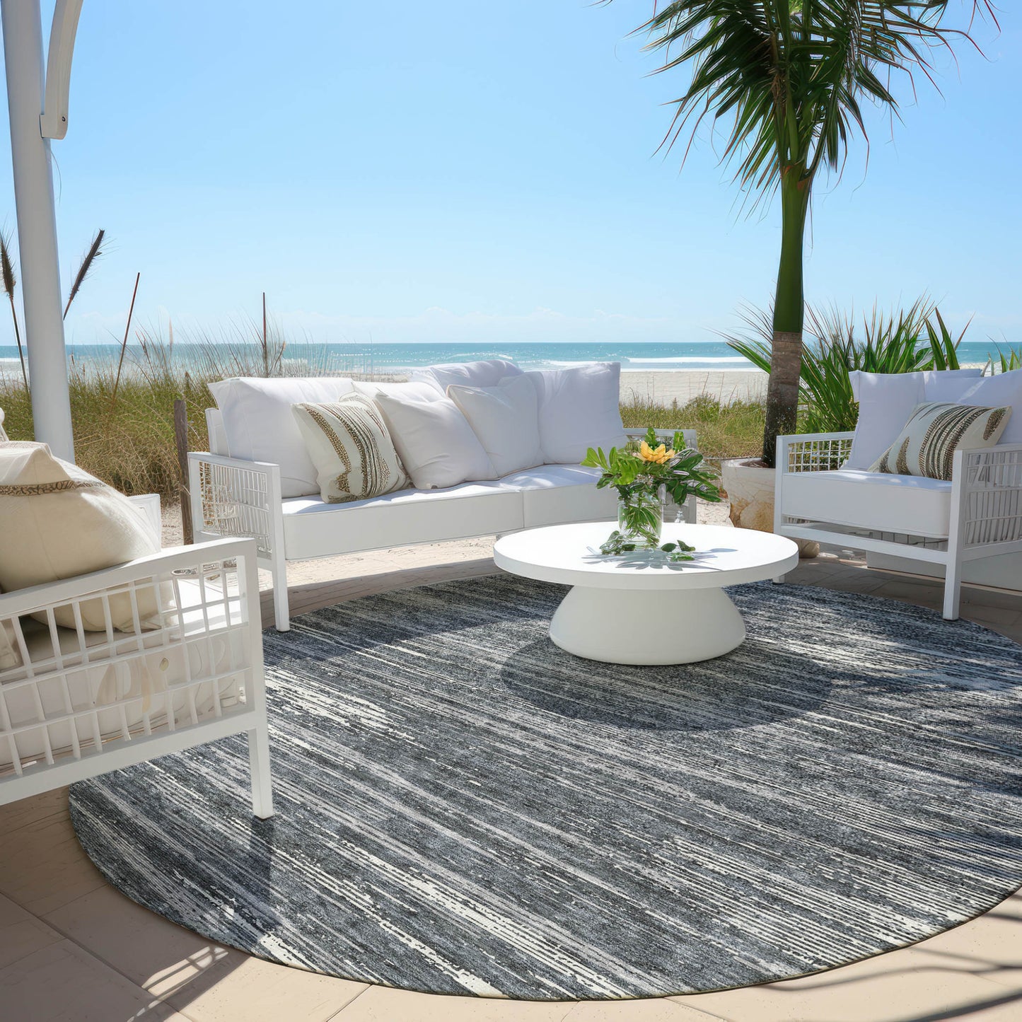 Tabselect Home Line 8' Gray And Ivory Round Striped Washable Indoor Outdoor Area Rug