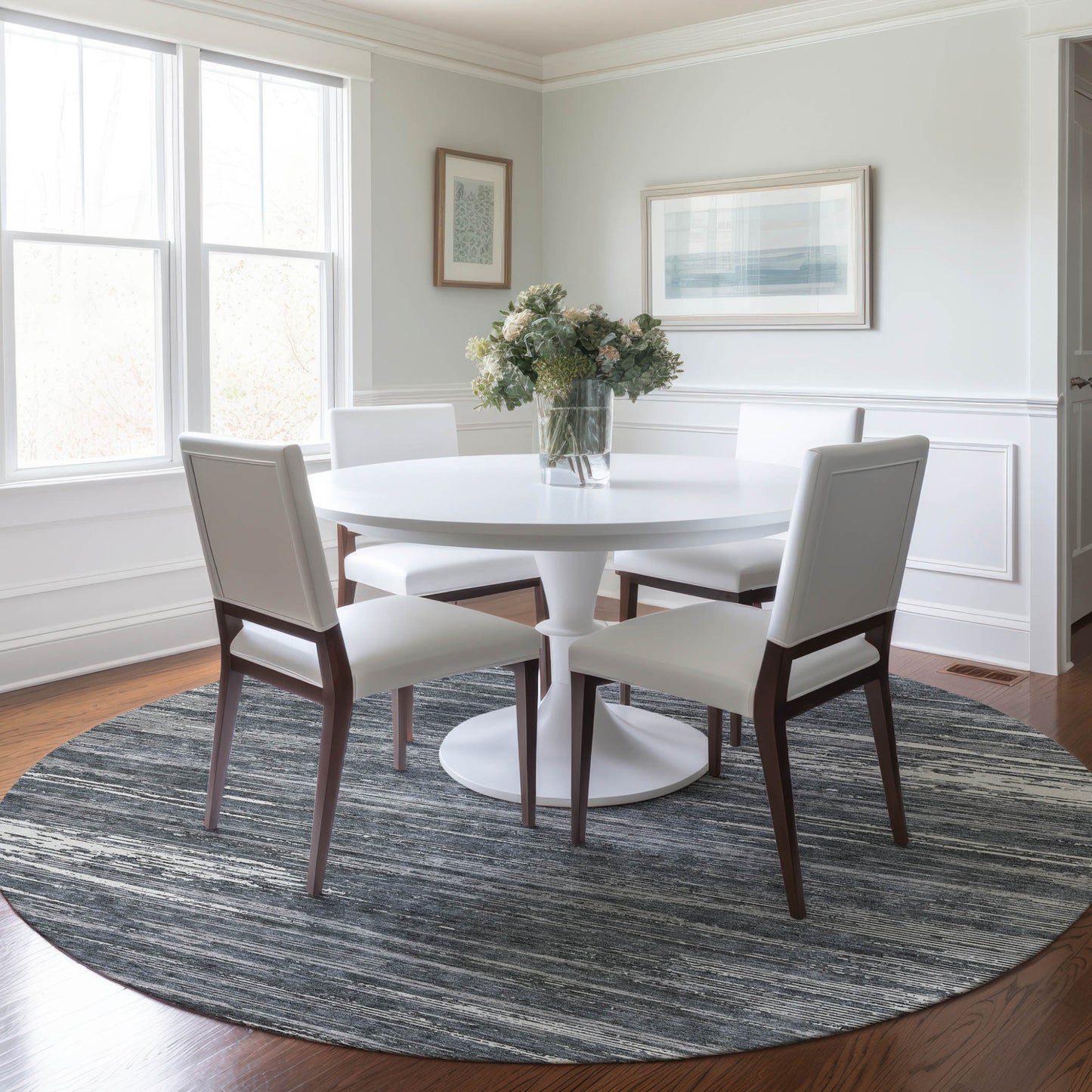 Tabselect Home Line 8' Gray And Ivory Round Striped Washable Indoor Outdoor Area Rug