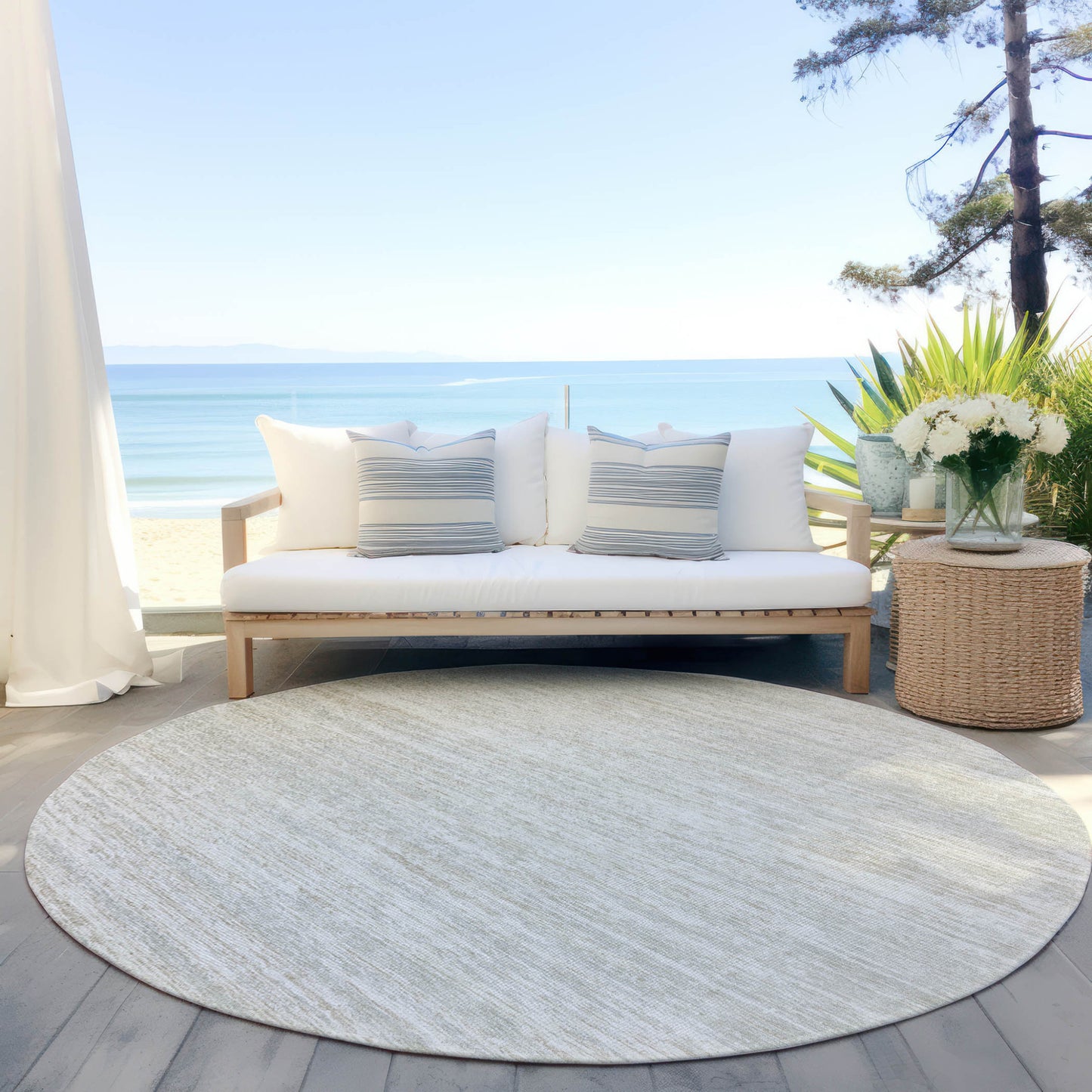 Tabselect Home Line 8' Ivory And Gray Round Striped Washable Indoor Outdoor Area Rug