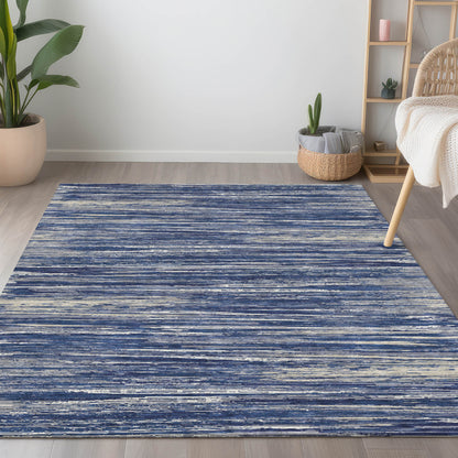 Tabselect Home Line 5' X 8' Navy Blue And Ivory Striped Washable Indoor Outdoor Area Rug