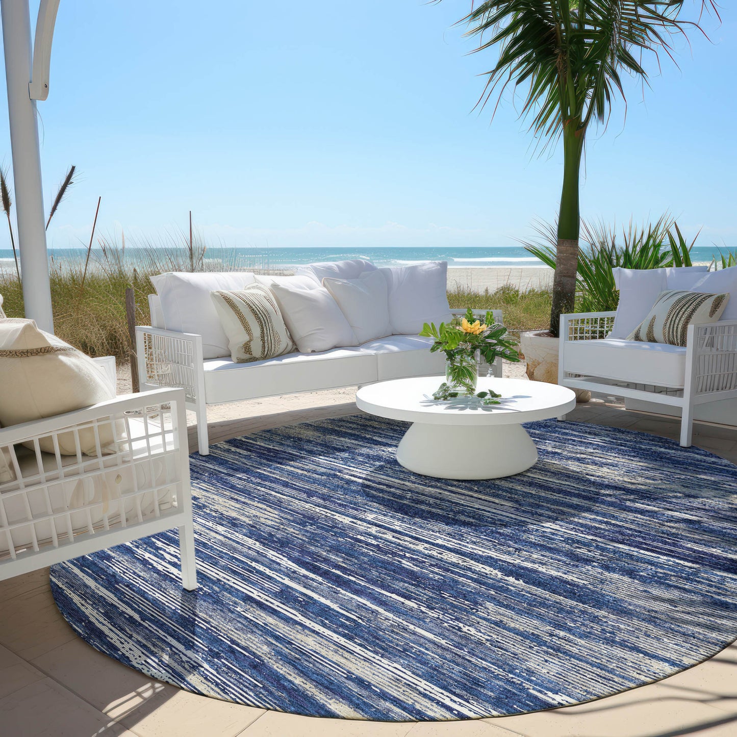 Tabselect Home Line 8' Navy Blue And Ivory Round Striped Washable Indoor Outdoor Area Rug