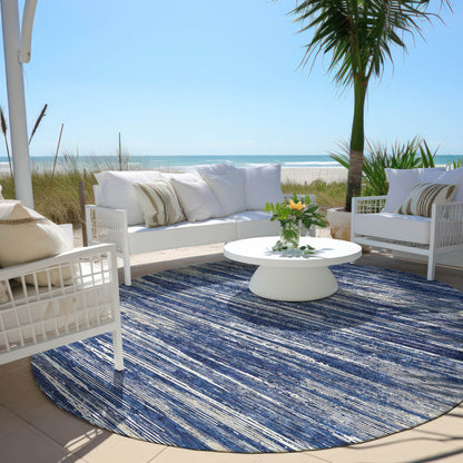 Tabselect Home Line 8' Navy Blue And Ivory Round Striped Washable Indoor Outdoor Area Rug