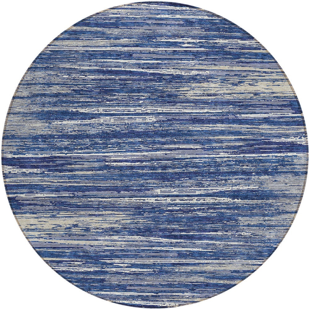 Tabselect Home Line 8' Navy Blue And Ivory Round Striped Washable Indoor Outdoor Area Rug