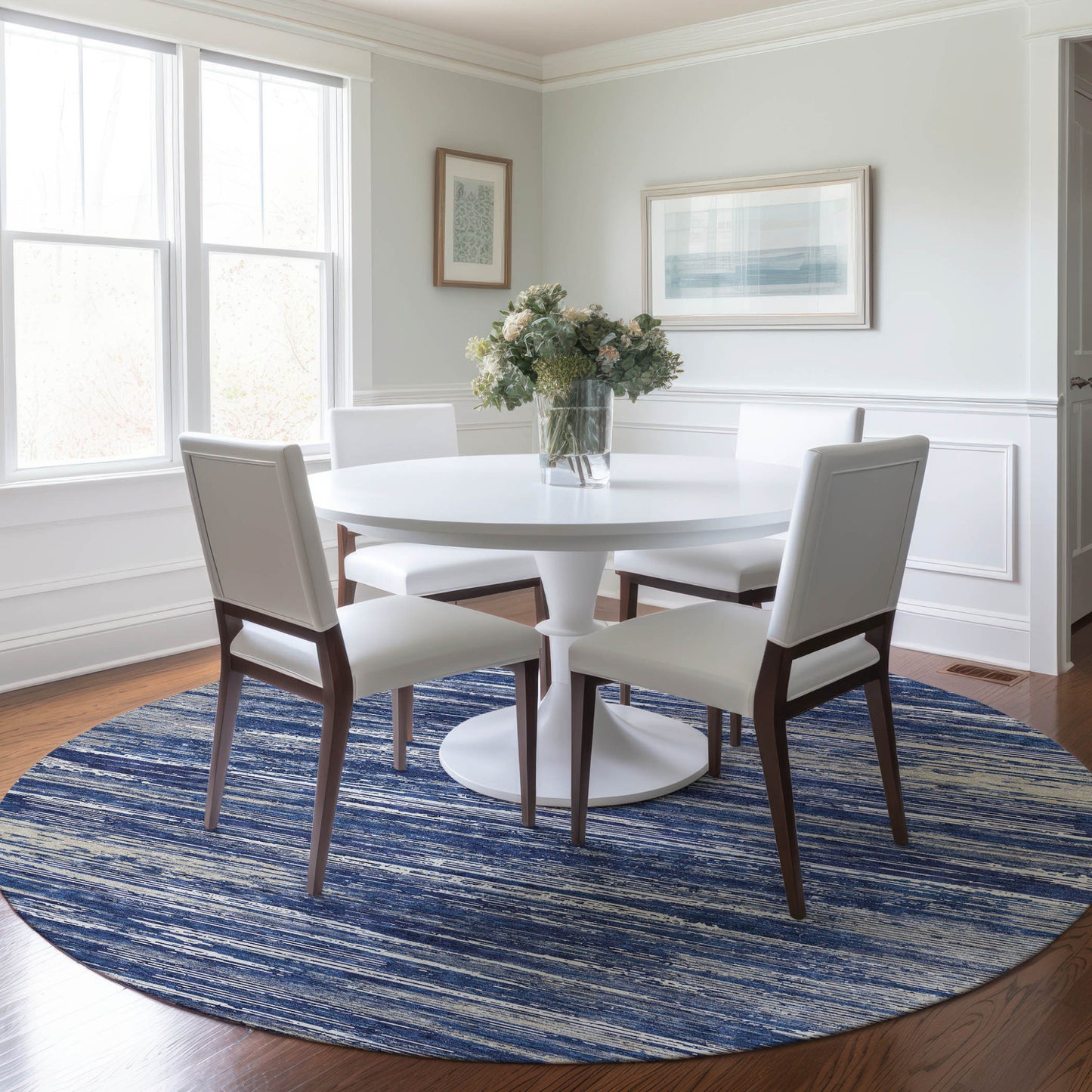 Tabselect Home Line 8' Navy Blue And Ivory Round Striped Washable Indoor Outdoor Area Rug