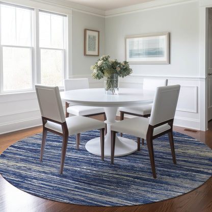 Tabselect Home Line 8' Navy Blue And Ivory Round Striped Washable Indoor Outdoor Area Rug