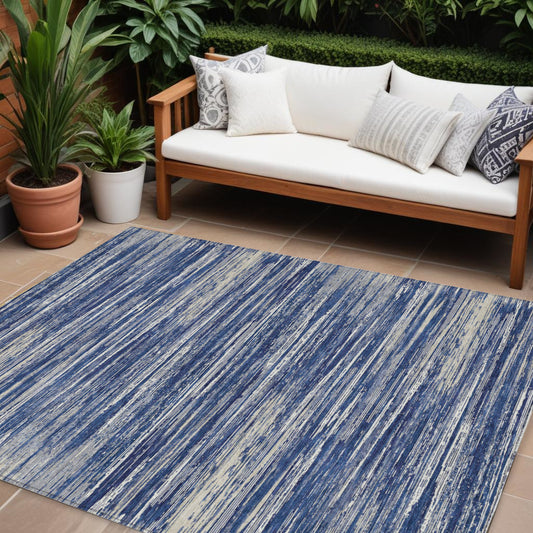 Tabselect Home Line 8' X 10' Navy Blue And Ivory Striped Washable Indoor Outdoor Area Rug