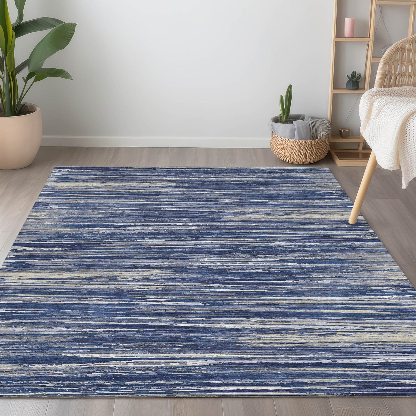 Tabselect Home Line 8' X 10' Navy Blue And Ivory Striped Washable Indoor Outdoor Area Rug