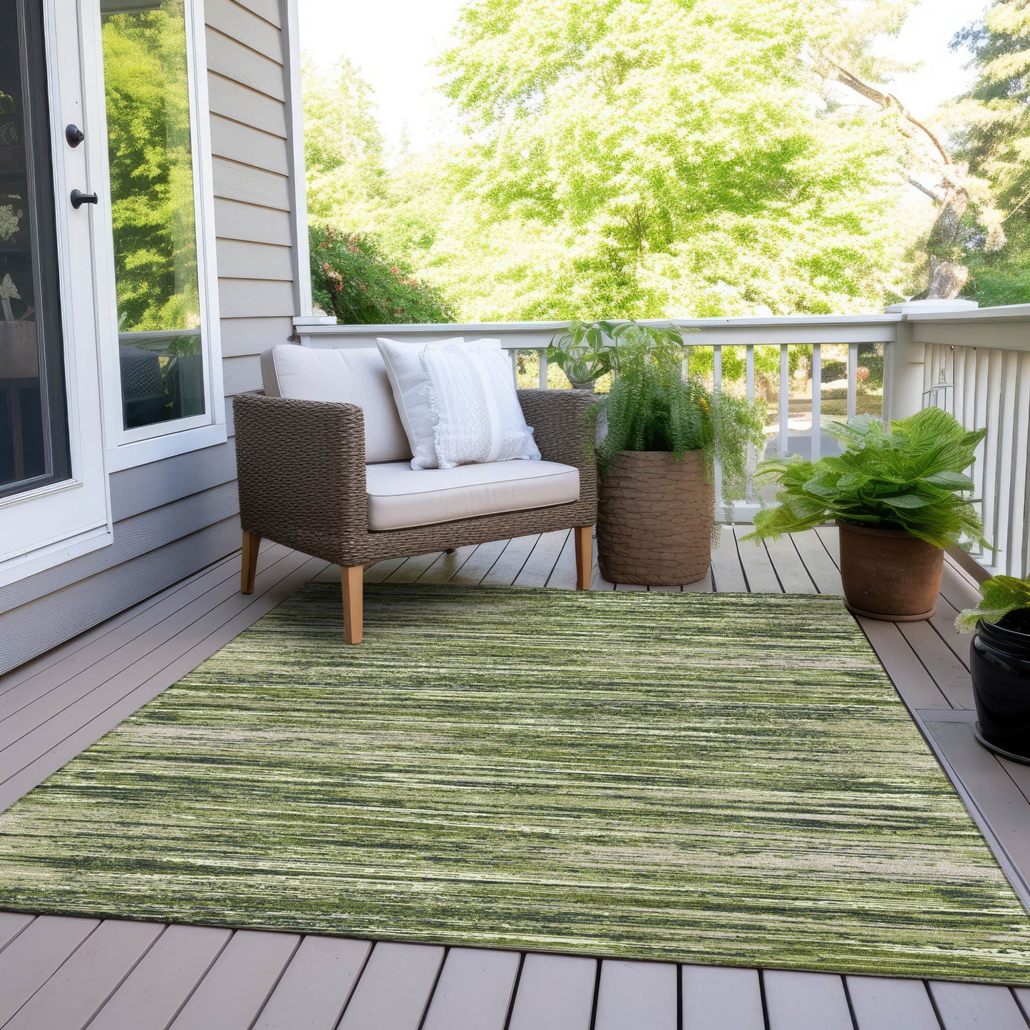 Tabselect Home Line 5' X 8' Olive Green And Ivory Striped Washable Indoor Outdoor Area Rug