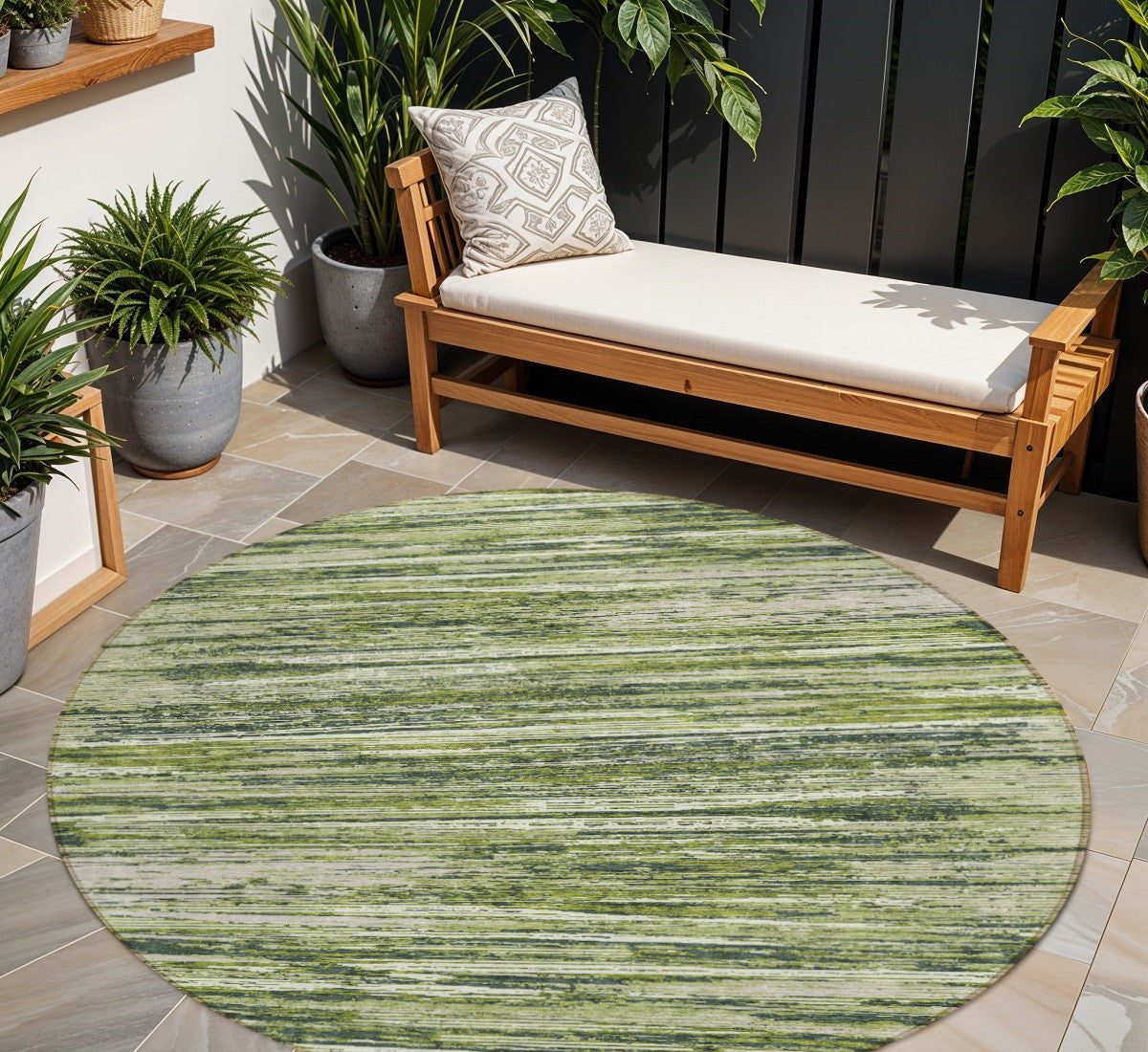 Tabselect Home Line 8' Olive Green And Ivory Round Striped Washable Indoor Outdoor Area Rug