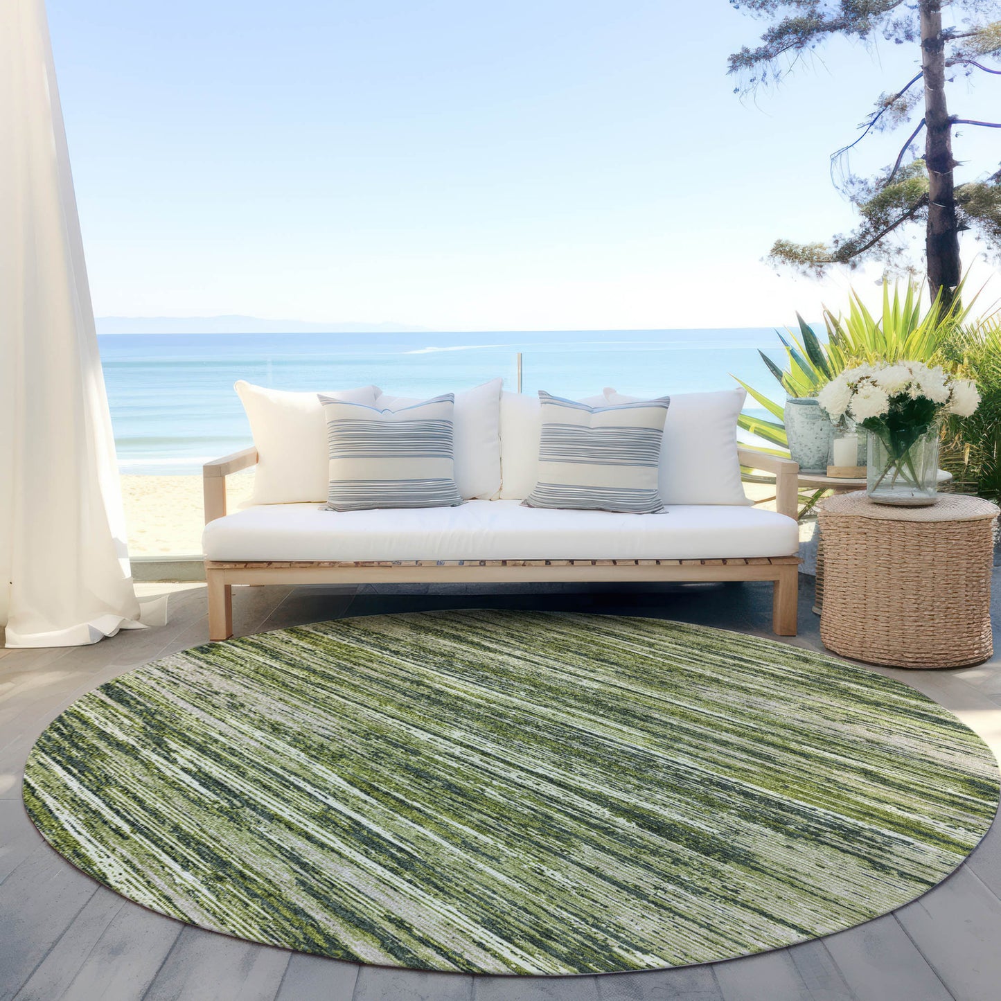 Tabselect Home Line 8' Olive Green And Ivory Round Striped Washable Indoor Outdoor Area Rug