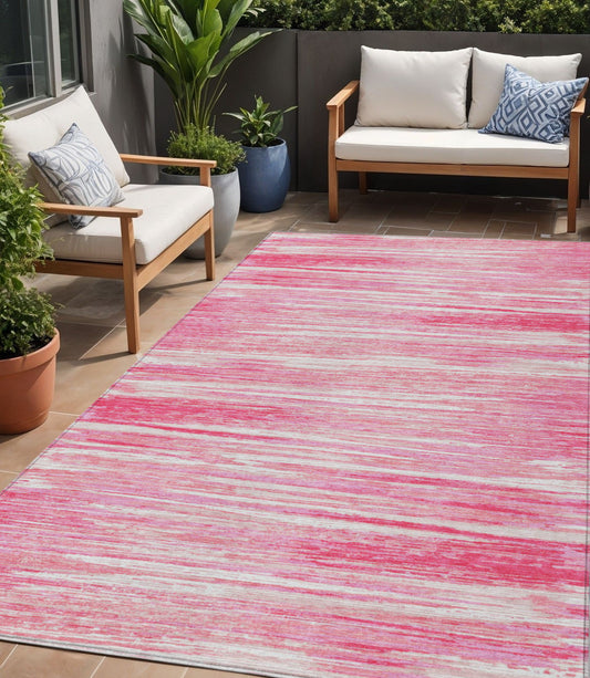 Tabselect Home Line 5' X 8' Pink And Ivory Striped Washable Indoor Outdoor Area Rug
