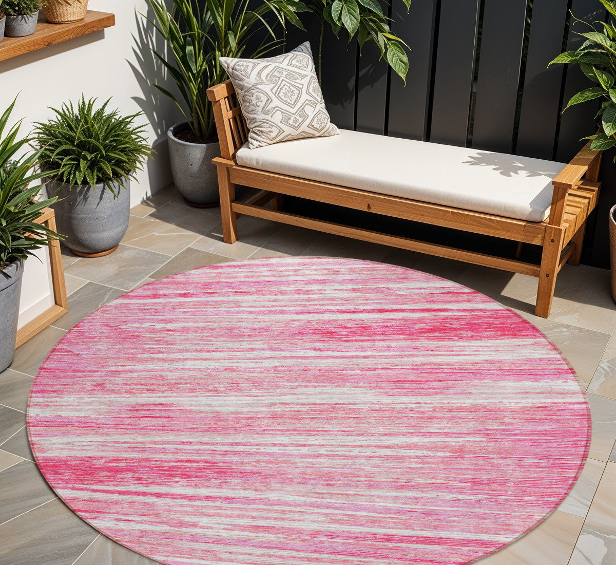 Tabselect Home Line 8' Pink And Ivory Round Striped Washable Indoor Outdoor Area Rug