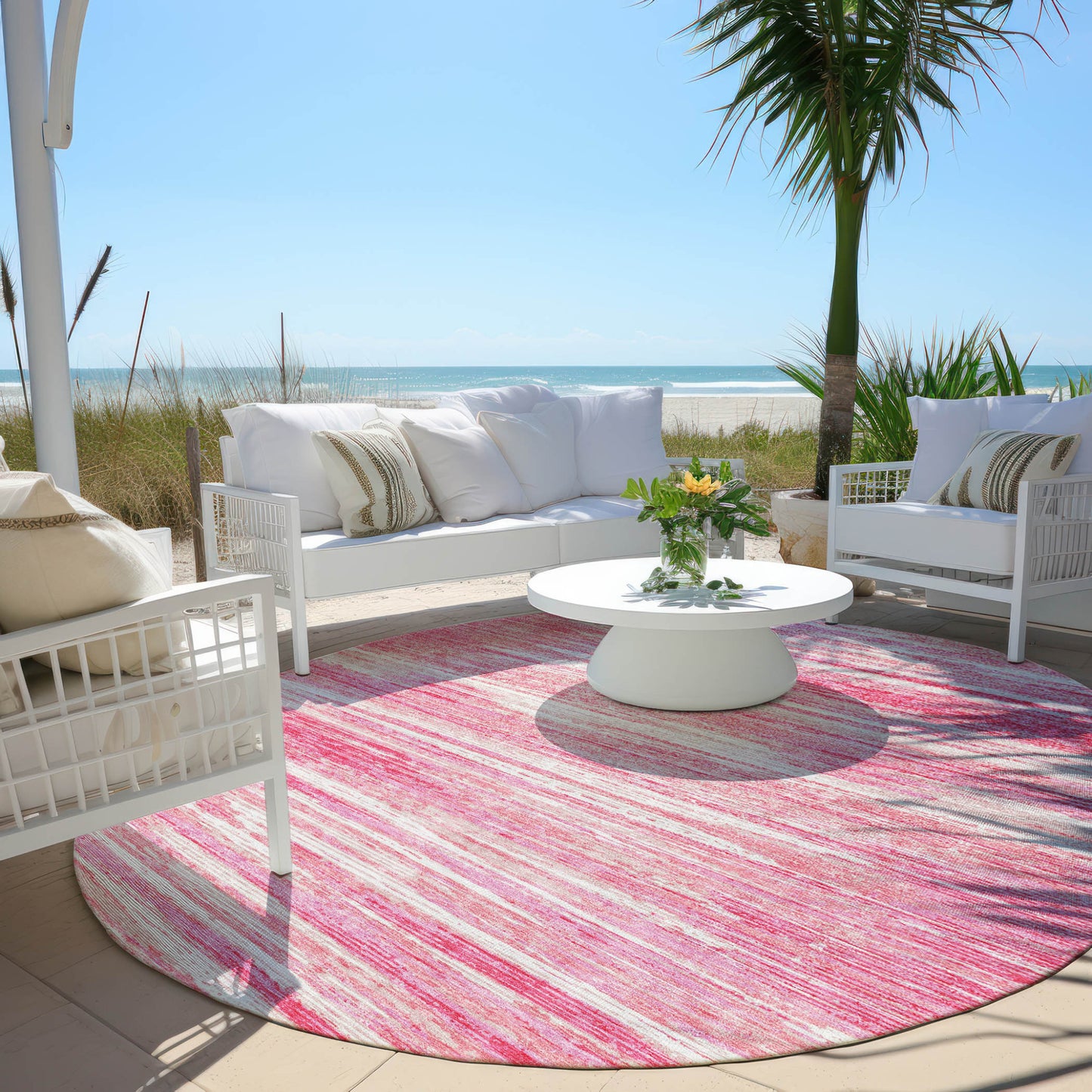 Tabselect Home Line 8' Pink And Ivory Round Striped Washable Indoor Outdoor Area Rug