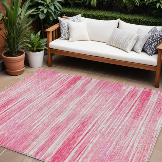 Tabselect Home Line 8' X 10' Pink And Ivory Striped Washable Indoor Outdoor Area Rug