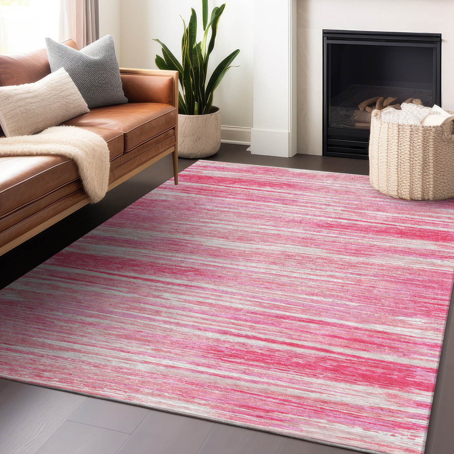 Tabselect Home Line 8' X 10' Pink And Ivory Striped Washable Indoor Outdoor Area Rug