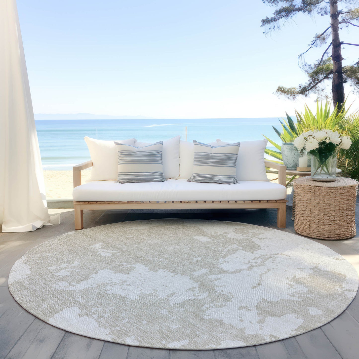 Tabselect Home Line 8' Beige And Ivory Round Abstract Washable Indoor Outdoor Area Rug