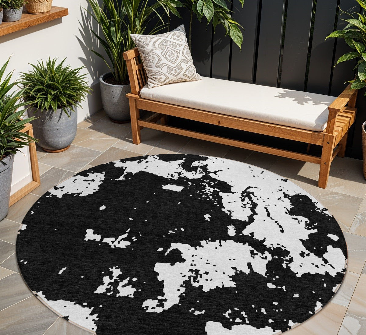 Tabselect Home Line 8' Black And Ivory Round Abstract Washable Indoor Outdoor Area Rug