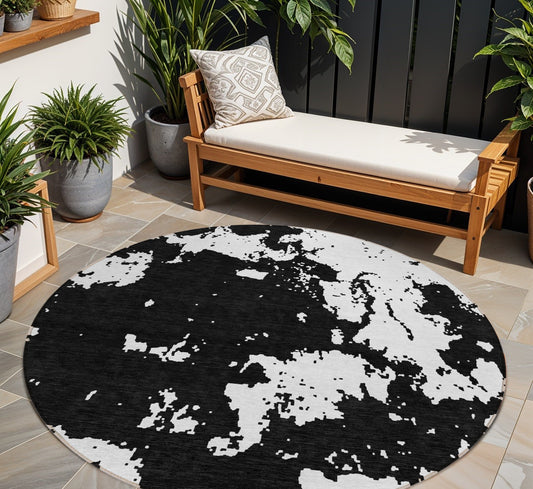 Tabselect Home Line 8' Black And Ivory Round Abstract Washable Indoor Outdoor Area Rug