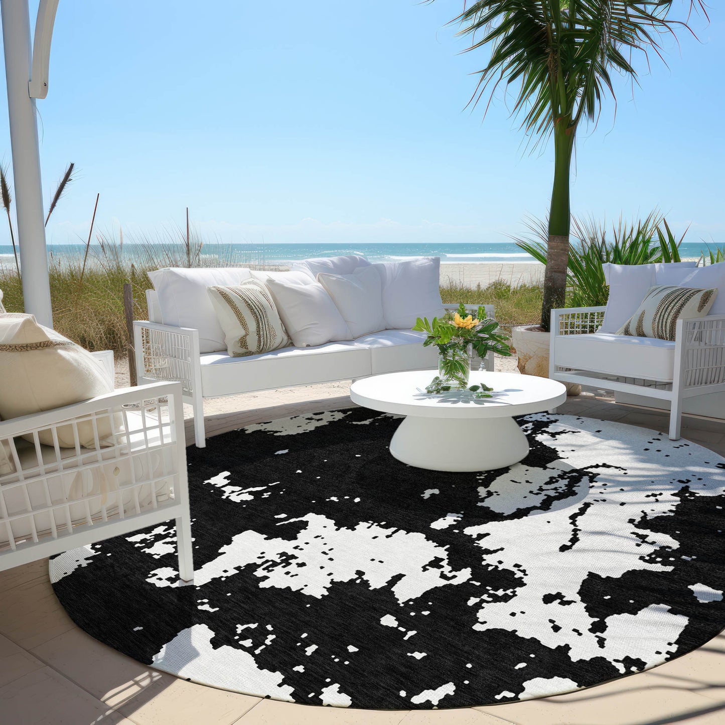 Tabselect Home Line 8' Black And Ivory Round Abstract Washable Indoor Outdoor Area Rug