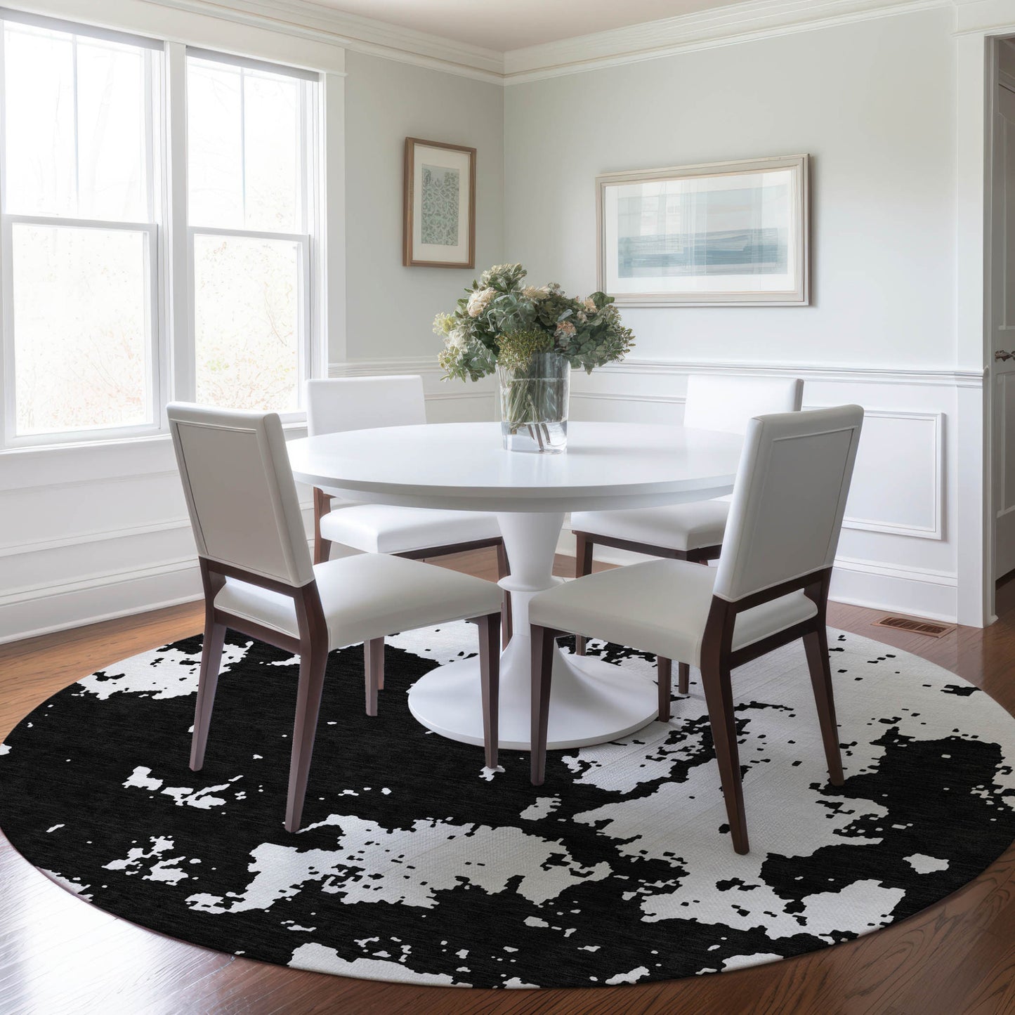 Tabselect Home Line 8' Black And Ivory Round Abstract Washable Indoor Outdoor Area Rug