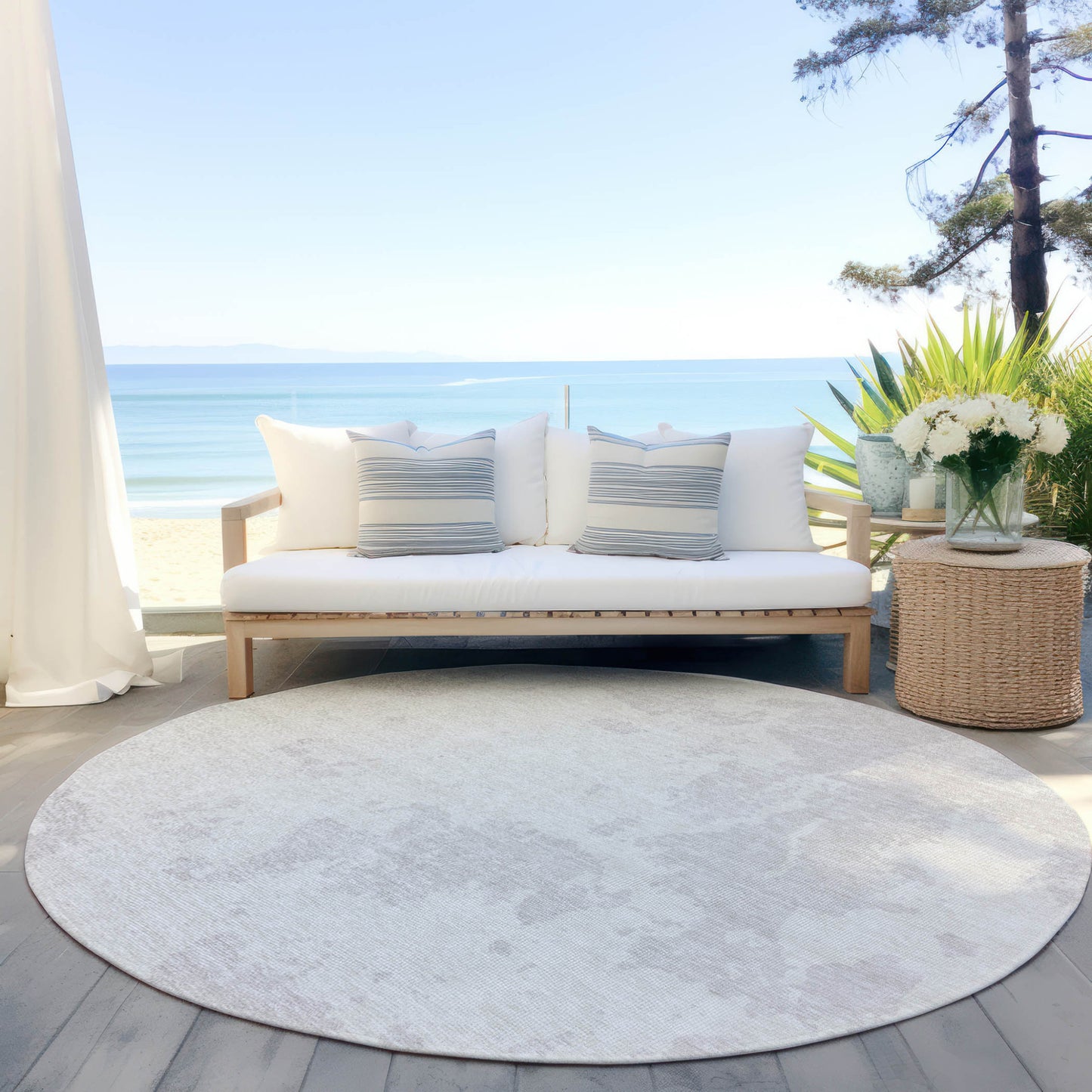 Tabselect Home Line 8' Ivory And Gray Round Abstract Washable Indoor Outdoor Area Rug