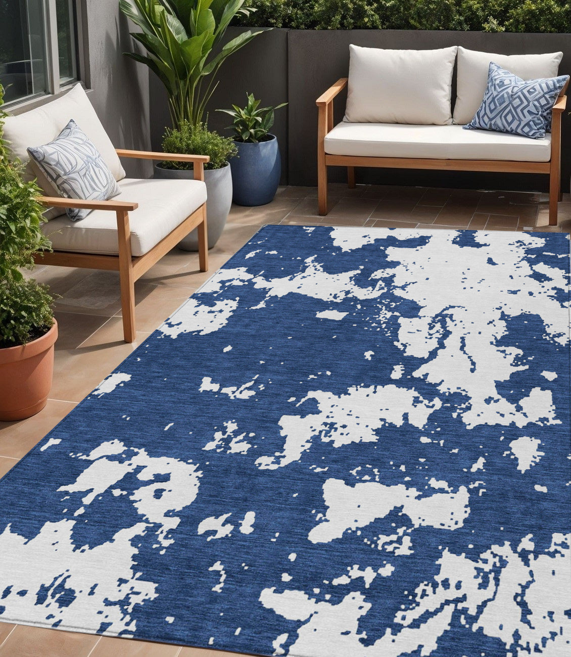 Tabselect Home Line 5' X 8' Navy Blue And Ivory Abstract Washable Indoor Outdoor Area Rug