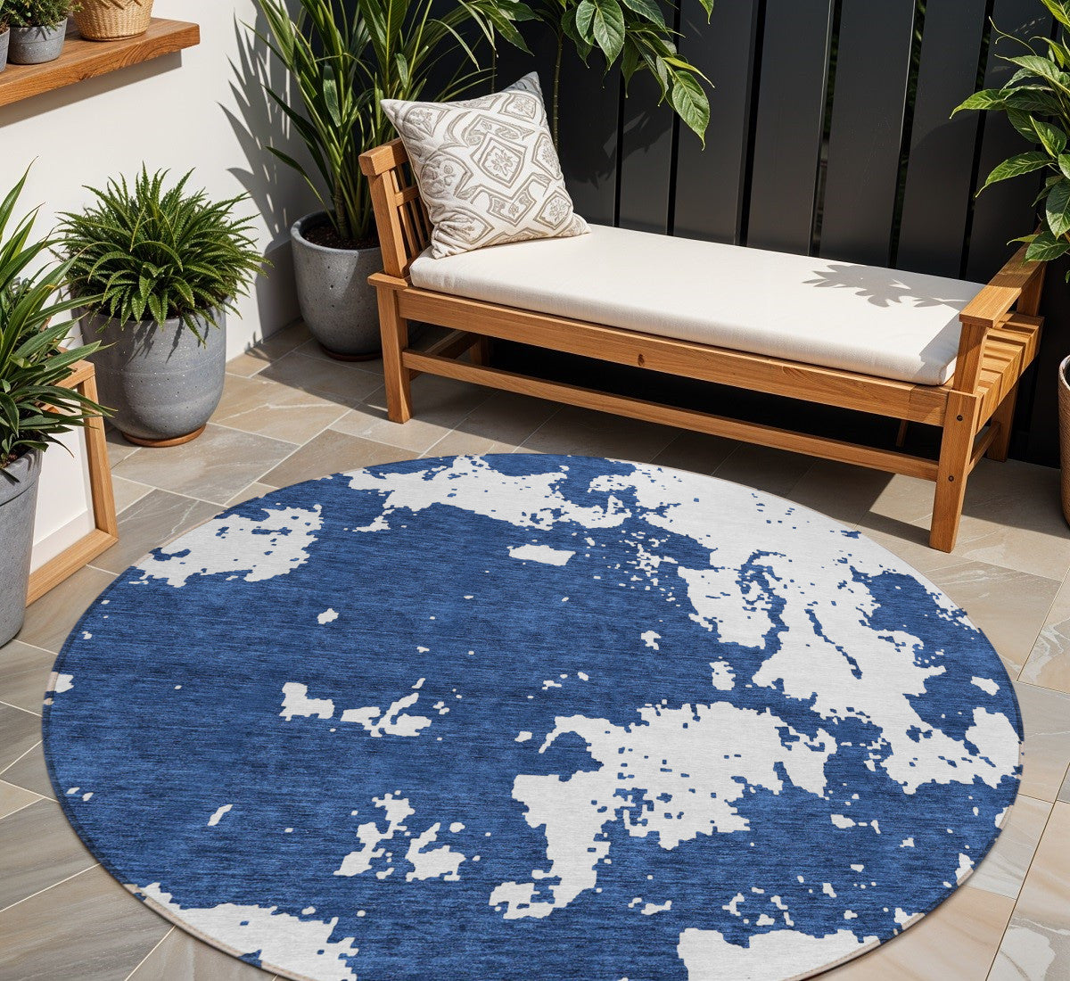 Tabselect Home Line 8' Navy Blue And Ivory Round Abstract Washable Indoor Outdoor Area Rug