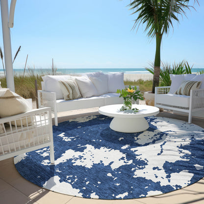 Tabselect Home Line 8' Navy Blue And Ivory Round Abstract Washable Indoor Outdoor Area Rug