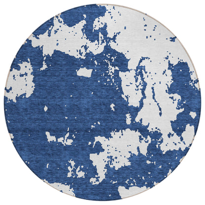 Tabselect Home Line 8' Navy Blue And Ivory Round Abstract Washable Indoor Outdoor Area Rug