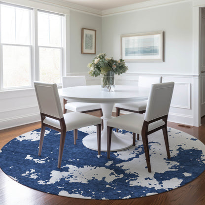 Tabselect Home Line 8' Navy Blue And Ivory Round Abstract Washable Indoor Outdoor Area Rug