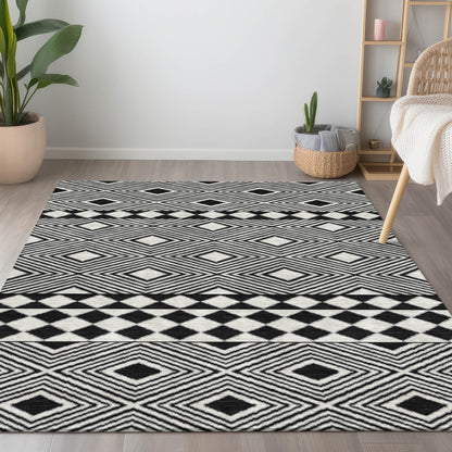 Tabselect Home Line 5' X 8' Black And Ivory Geometric Washable Indoor Outdoor Area Rug