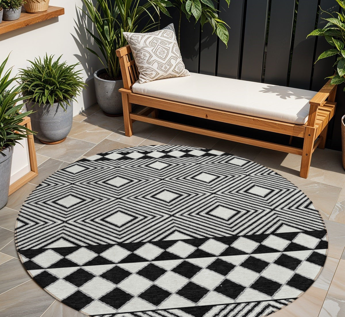 Tabselect Home Line 8' Black And Ivory Round Geometric Washable Indoor Outdoor Area Rug