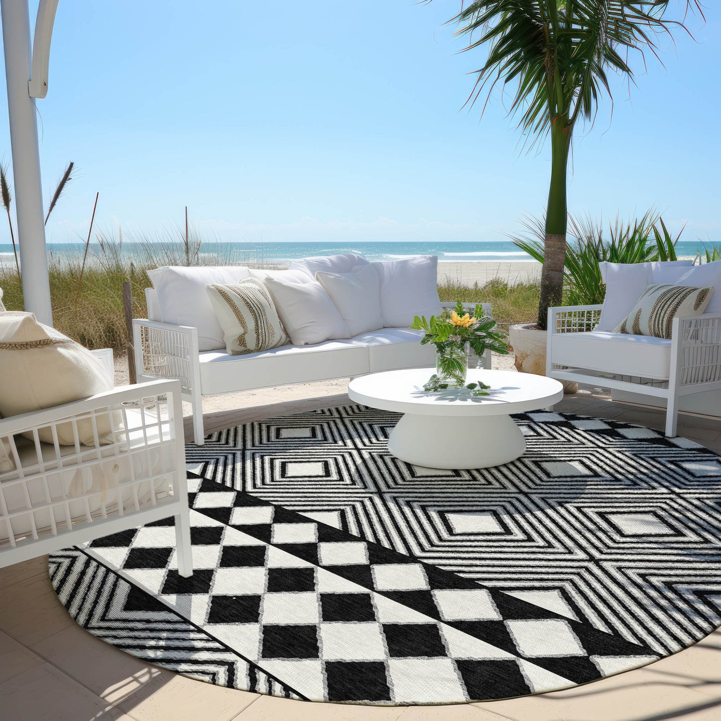 Tabselect Home Line 8' Black And Ivory Round Geometric Washable Indoor Outdoor Area Rug